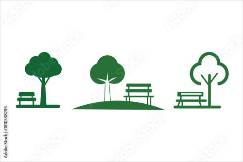 Three green park icons with tree and bench for outdoor recreation