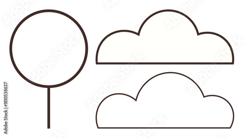 Simple tree circle outline with two cloud shapes in minimal style. Ideal for nature, ecology, outdoors, environment, simplicity, weather, and abstract design concepts. Flat minimal metaphor