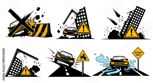 Car Crash and Road Danger Vector Set