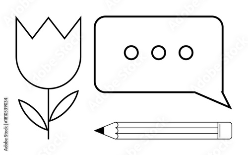 Tulip flower, speech bubble with ellipsis, and pencil combine creativity, nature, writing, and ideas. Ideal for communication, self-expression learning inspiration simplicity growth and art. A