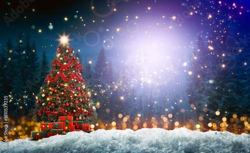 Christmas night scene with magic lights on festive card. Christmas tree with gift boxes outdoors. Happy winter holidays