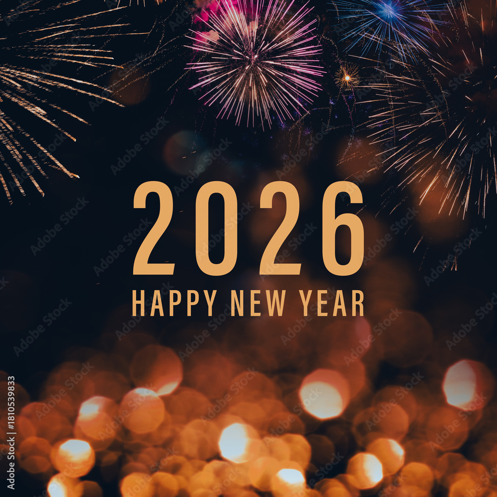 Fototapeta premium Happy New Year 2026 greeting card with fireworks and bokeh lights on dark background