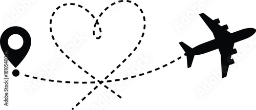 Airplane silhouette with location pin and heart shaped flight path, vector illustration of romantic travel route and honeymoon.