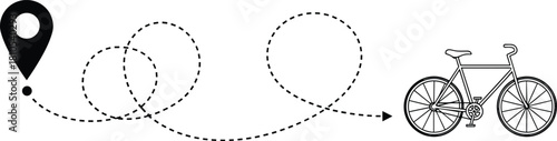 Bicycle ride route black and white vector icon, showing a GPS pin start, dotted travel path with loops, and a cycling destination or navigation concept.