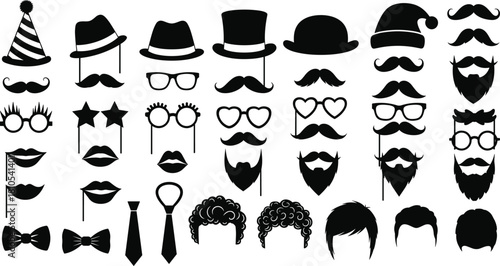 Collection of funny party photo booth props silhouette, vector set of hats, glasses, mustaches, beards, and ties.