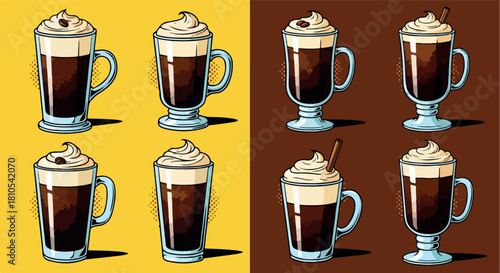 Coffee cups with whipped cream, two color schemes