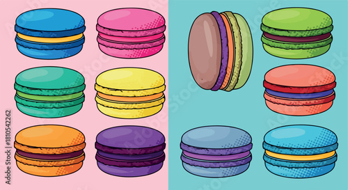Colorful macarons assortment on pink and blue backgrounds