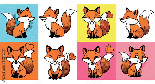 Smiling fox characters in colorful square backgrounds