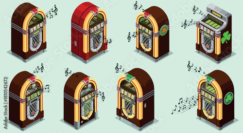 Retro jukeboxes with music notes and shamrock details