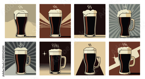 Beer mugs with retro background patterns