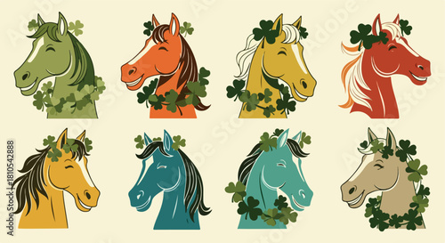 Colorful horse heads with clover wreaths