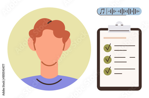 Profile avatar next to a clipboard with marked checklist and audio waveform. Ideal for productivity, task planning, goal setting, self-management, organization, progress tracking, collaboration