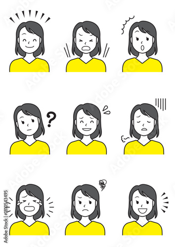 Illustration set of a young woman with nine different facial expressions