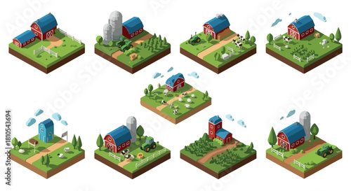Isometric farm scenes with barns, silos, and livestock