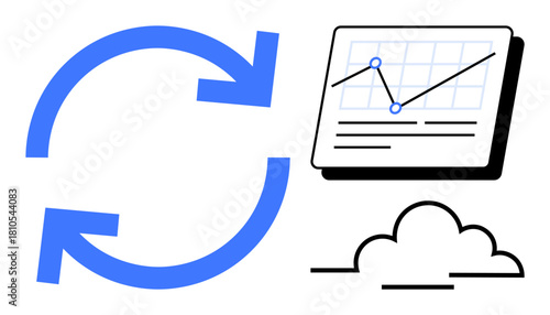 Blue circular arrows, a cloud icon, and a data chart with analytics points emphasize data syncing, cloud storage, technology, process optimization, data trends, updates innovation. Simple flat