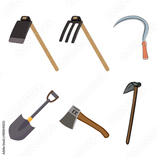 Collection of hand-drawn farming and gardening tools including a hoe, shovel, axe, and sickle