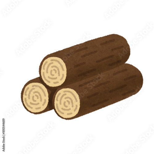 Stack of three brown wooden logs or firewood with visible tree ring cross-sections