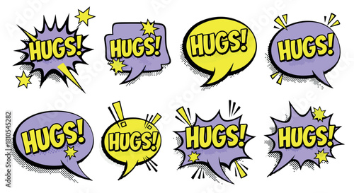 Hugs speech bubbles with starbursts and dynamic shapes