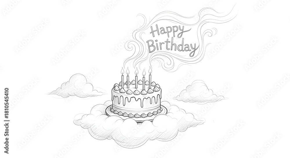 Obraz premium Whimsical birthday cake illustration with candles and clouds