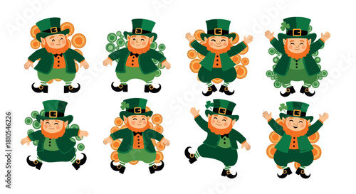Happy leprechauns with coins and shamrocks