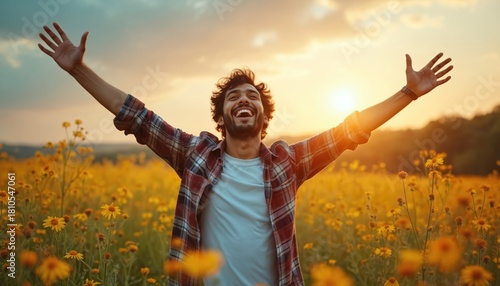Joyful young Indian man smiles, laughs, arms open wide in blooming yellow meadow. Feels nature, freedom, good mental health at sunset. Happy male stands in flower field. Guy expresses wellbeing,