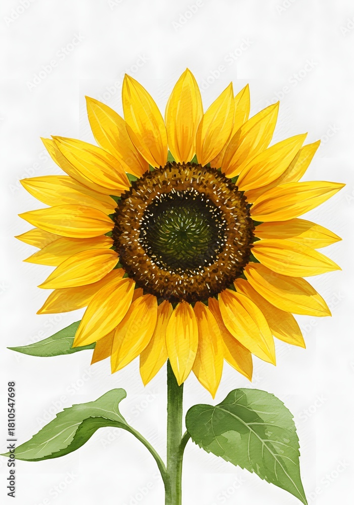 Obraz premium Vibrant Watercolor Sunflower Illustration with Green Leaves and Stem