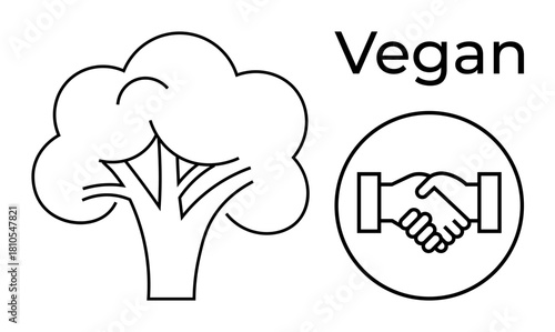Vegan concept. Vegan ed by broccoli outline and a handshake ethical food choices. Vegan philosophy promotes sustainability and mindful eating habits. For lifestyle, health, sustainability, ethical