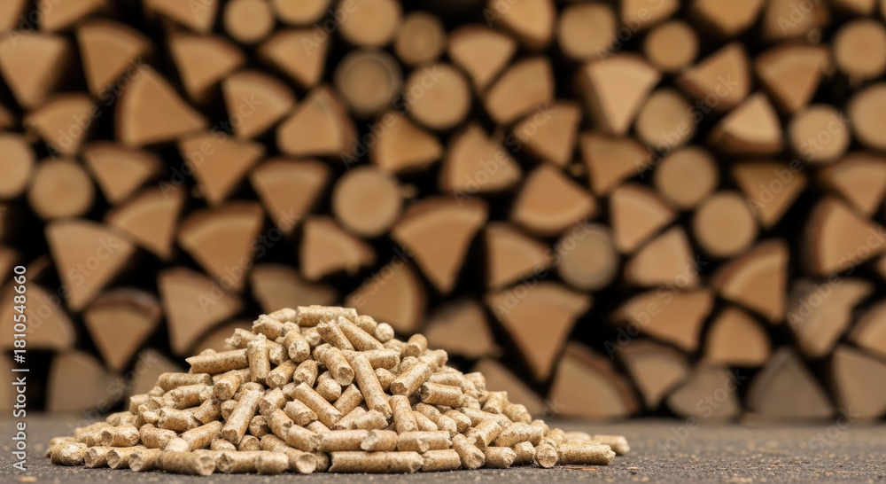Obraz premium Biomass Wood Pellets on Textured Surface with Blurred Woodpile Background for Copy Space