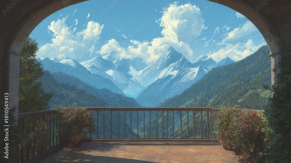 Obraz premium Scenic balcony overlooking majestic mountain range on a sunny day with terrace and panoramic landscape view