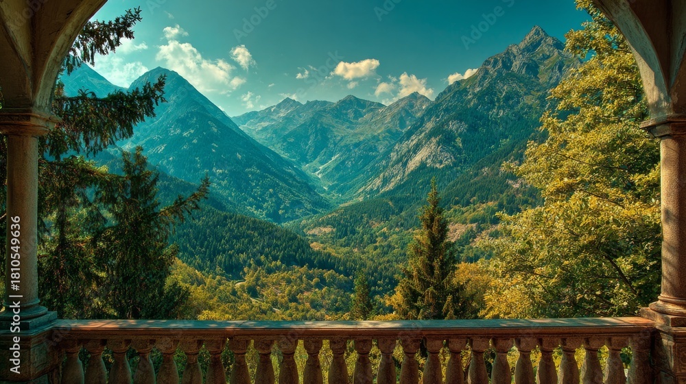 Obraz premium Scenic balcony overlooking majestic mountain range on a sunny day with terrace and panoramic landscape view