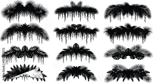 Collection of twelve tropical palm leaf silhouettes with hanging vines, vector jungle foliage headers, black nature design elements isolated on white background.