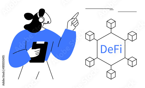 Woman with headset explaining blockchain structure labeled DeFi. Connected cubes represent decentralization and finance. Ideal for blockchain, fintech, cryptocurrency, education, technology