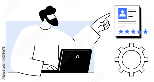 Man operating laptop, pointing at profile document with star rating. Includes gear icon symbolizing system optimization. Ideal for recruitment, HR, performance review, technology, workflow