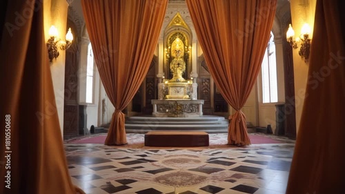 Ornate interior of a chapel or religious hall with golden altar and patterned floor, framed by large orange curtains.