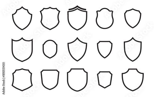 Vector collection of outline shield shapes. A set of minimalist heraldic badge and emblem templates for creating security and protection logos