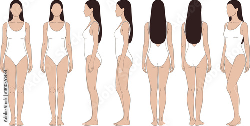 Female body views illustration, front side back angles, white outfit, medical reference, fashion design, anatomical pose, vector set, stock image