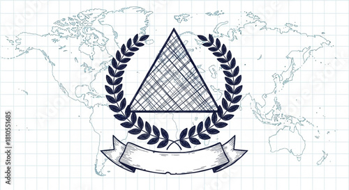 An abstract emblem with a triangular design, laurel wreath, and banner on a sketched world map background
