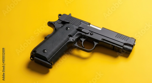 A black semi-automatic handgun rests on a vibrant yellow background, offering ample copy space for design or text. This professional stock image highlights a modern firearm.