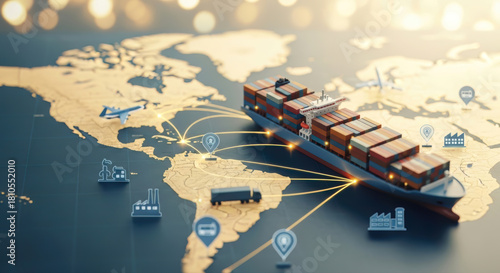 Container Ship Model on a Digital World Map Illustrates Global Logistics Network, International Trade, and Efficient Transcontinental Transportation