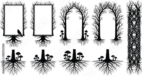 Gothic black tree silhouette frames with intricate roots and mushrooms, spooky halloween border set, isolated vector illustration design elements for art.