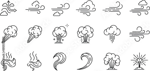 Black and white weather icons, environmental vector set, wind cloud explosion, swirl smoke, stylized symbols, atmospheric elements, stock illustration, minimal design