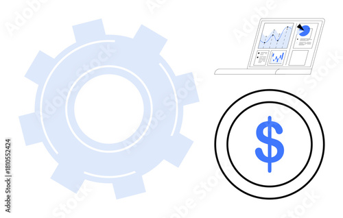 Gear icon, dollar sign, and analytics dashboard highlight efficiency, value creation, and informed decision-making. Ideal for finance, analytics, data, business productivity profitability