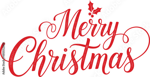 Merry Christmas red script, holiday greeting vector, elegant cursive text, holly berry decoration, festive typography, seasonal design, stock illustration