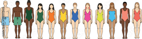 Diverse swimwear character lineup, cartoon style vector, colorful beachwear illustration, inclusive body types, summer fashion design, poolside outfit collection