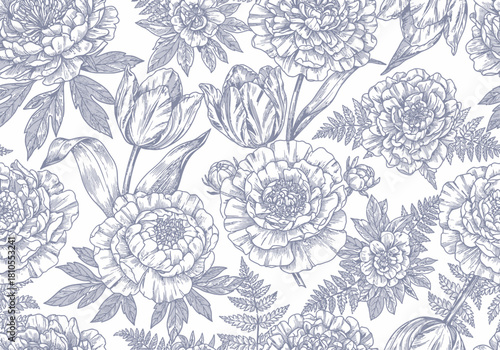 Seamless Vintage Blue and White Floral Engraving Pattern - Toile de Jouy Style