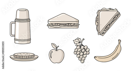 Picnic lunch set with thermos and fruit