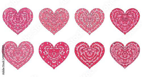 Heart shapes mosaic pattern in pink and red tones