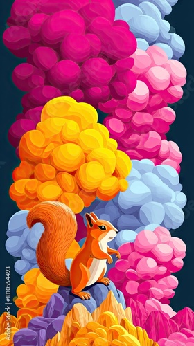 A vibrant orange squirrel perched on rocky terrain amidst a backdrop of large, puffy clouds in shades of pink, yellow, and blue.