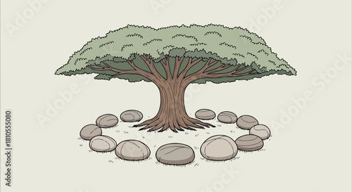 Ancient tree with stone circle in a peaceful landscape