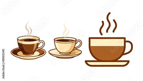 Hot coffee and tea drink icons, vector illustrations of various mugs with steam, chocolate espresso, cappuccino and mocha symbols for cafe logos